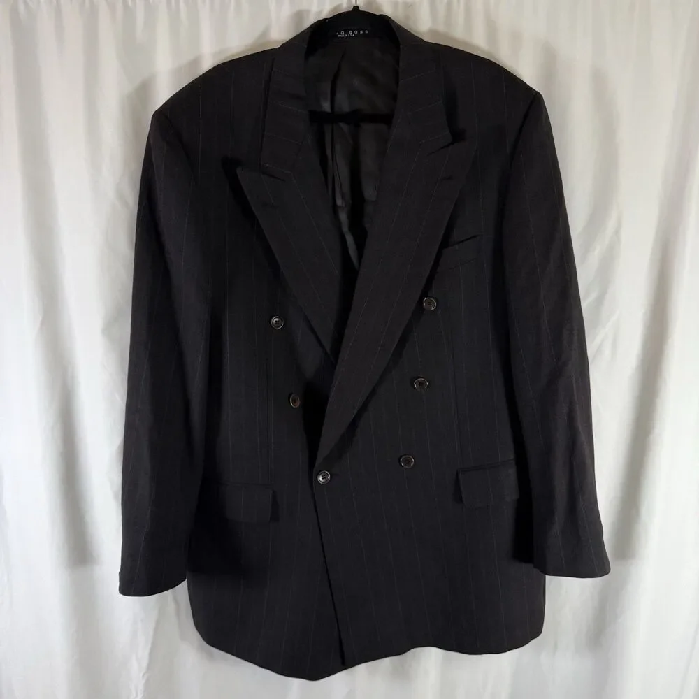 Hugo Boss Wool Zeus Blazer Men's 46L Super 100 Black Striped Sigle Button
